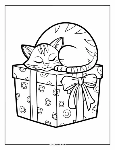 Weihnachts-Katzen-Ausmalbild für Kinder: Eine zusammengerollte Katze schläft auf einem Geschenk in einer schlichten, festlichen Szene