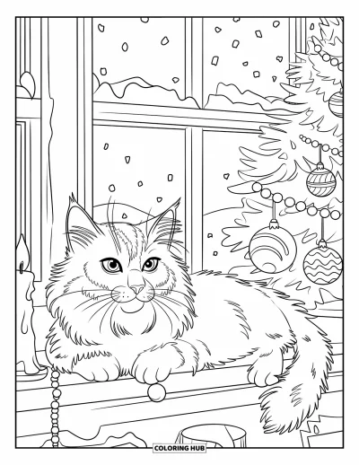 Weihnachts-Katzen-Ausmalbild für Kinder: Eine flauschige Katze schläft auf einem mit Baum, Kugeln und Kerze dekorierten Fensterbrett