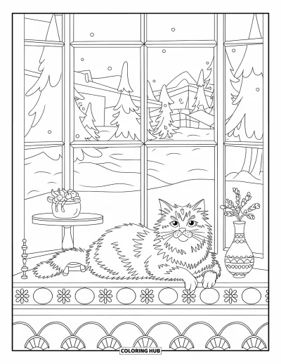 Weihnachts-Katzen-Ausmalbild für Kinder: Eine flauschige Katze streckt sich neben einer Vase und einer Pflanze auf einem verschneiten Fensterbrett