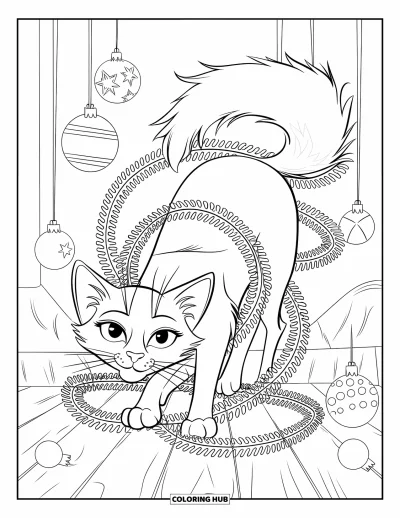 Weihnachts-Katzen-Ausmalbild für Kinder: Eine buschig-schwänzige Katze steht auf Holz und ist in Weihnachtsgirlanden und Kugeln verheddert