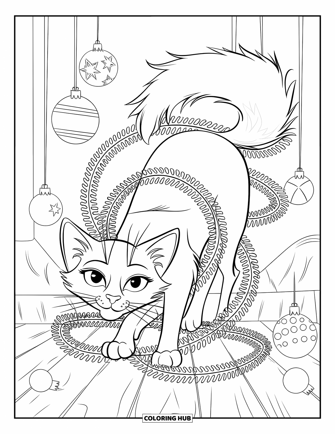 Christmas Cat Coloring Page for Kids: A fluffy-tailed cat stands on wood, tangled in holiday garlands and ornaments