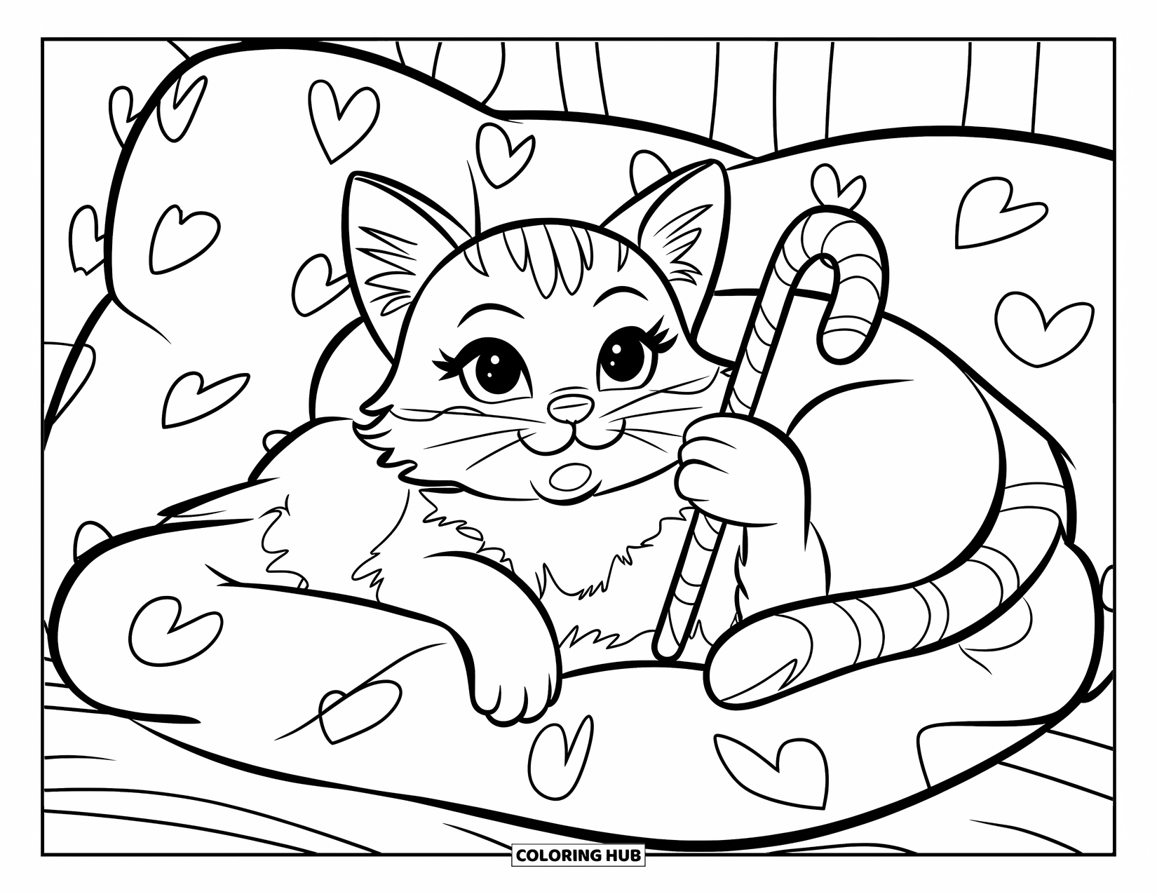 Christmas Cat Coloring Page for Kids: A happy cat on a pillow holds a candy cane with hearts in the background