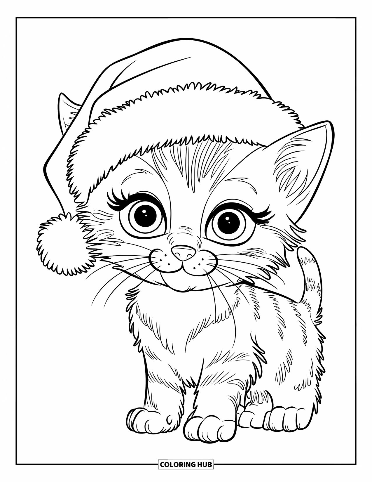 Christmas Cat Coloring Page for Kids: A happy kitten in a Santa hat smiles in a snowy scene with clean outlines