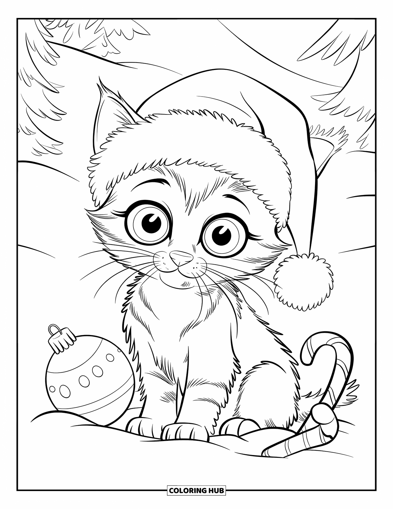 Christmas Cat Coloring Page for Kids: A kitten in a Santa hat sits near ornaments and a candy cane in snow