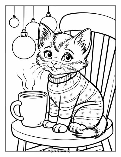 Weihnachts-Katzen-Ausmalbild für Kinder: Ein Kätzchen im Weihnachtspyjama sitzt neben Kakao und Weihnachtskugeln