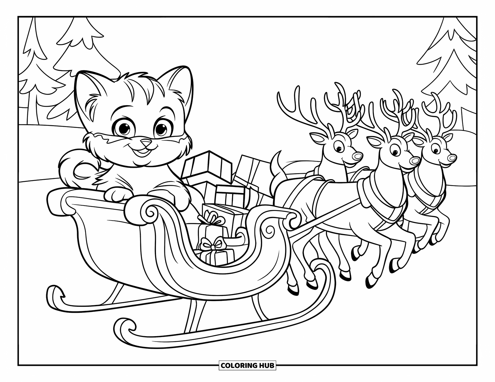 Christmas Cat Coloring Page for Kids: A kitten rides in a sleigh full of gifts across a snowy forest scene