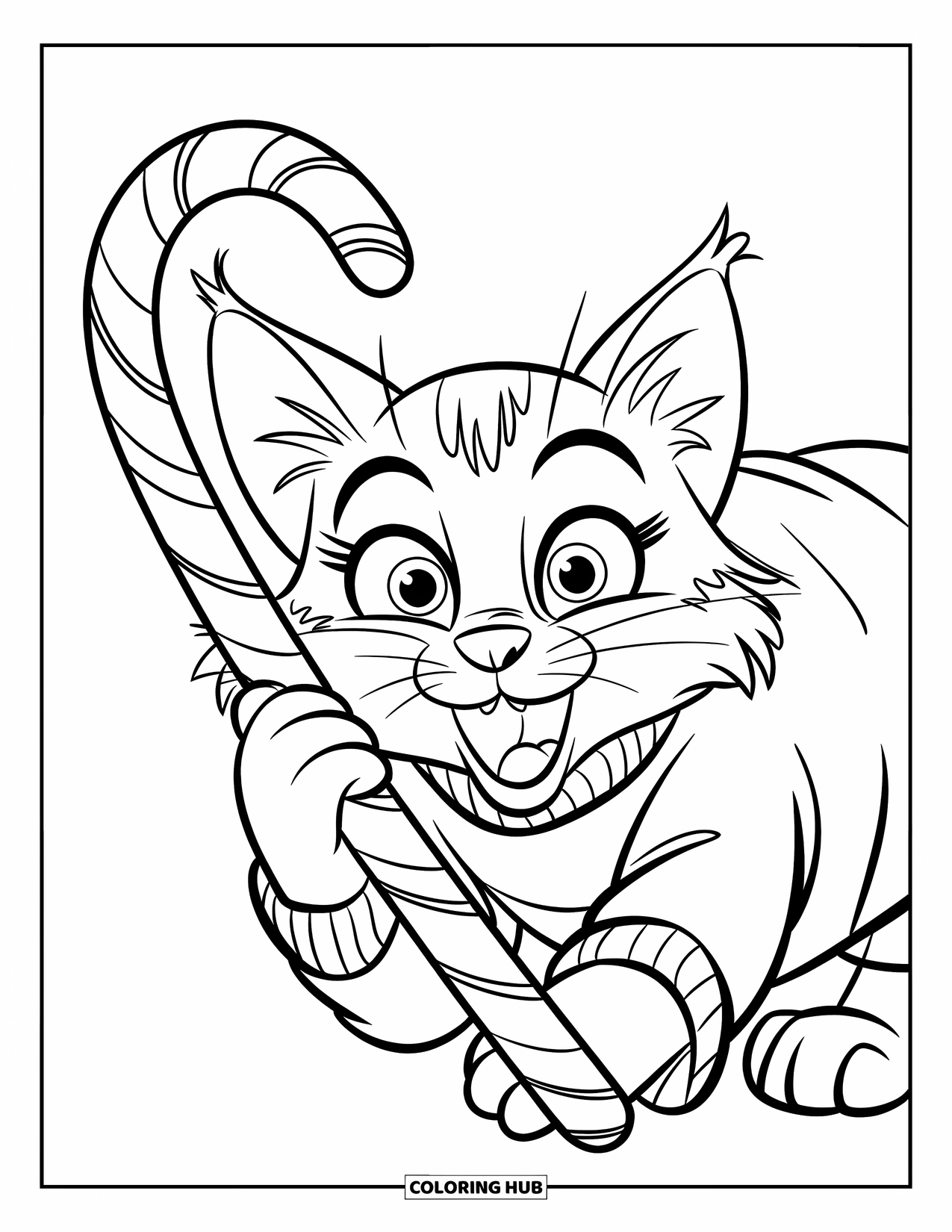 Christmas Cat Coloring Page for Kids: A playful cat in a sweater tugs at a long candy cane on a white background
