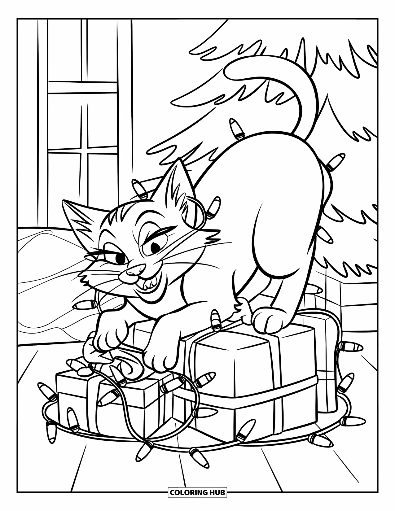 Christmas Cat Coloring Page for Kids: A playful cat sits on gifts wrapped in lights beside a window