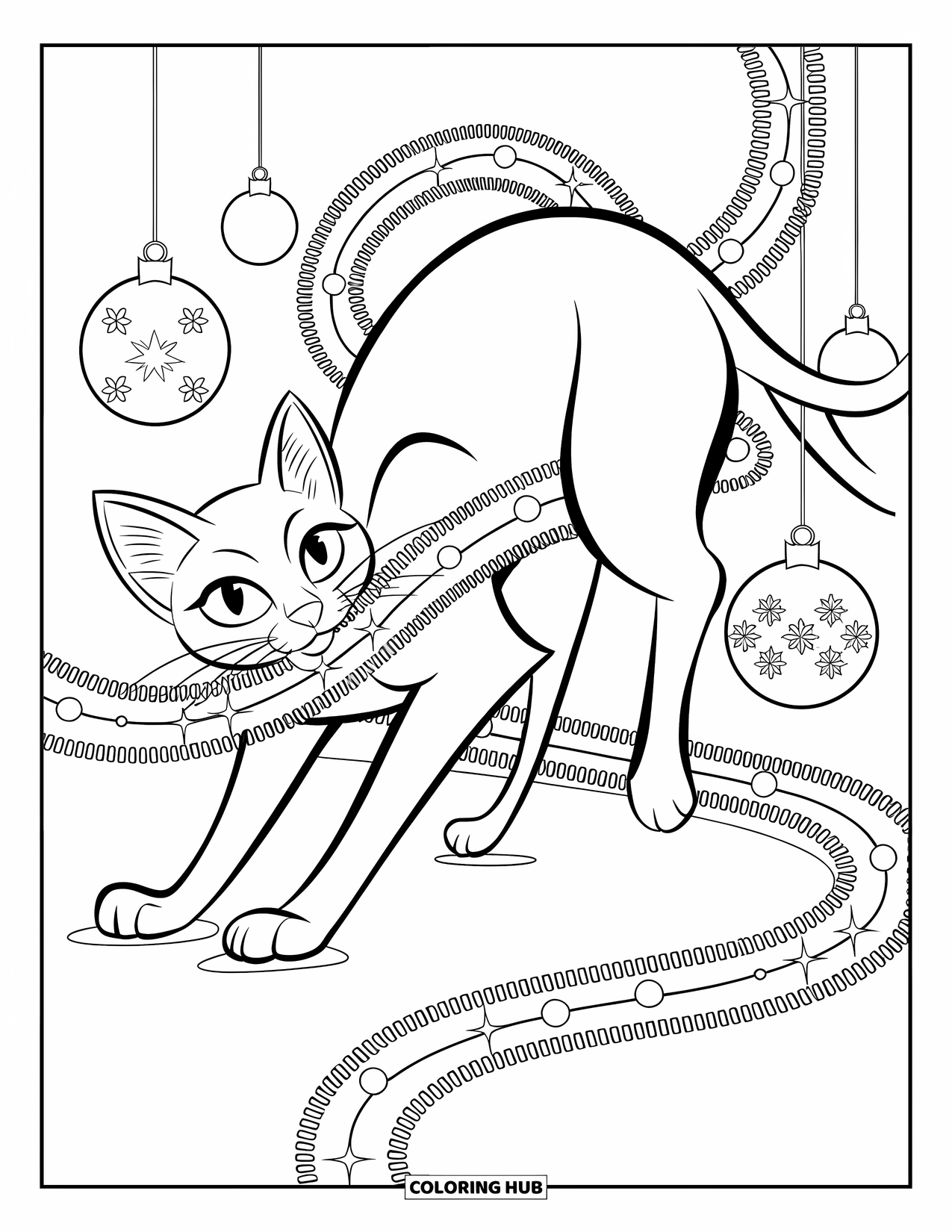 Christmas Cat Coloring Page for Kids: A playful cat stretches as garlands and ornaments wrap around its body