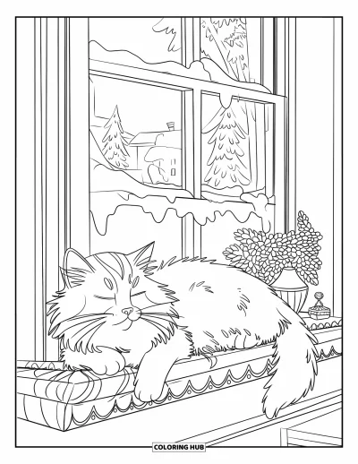 Weihnachts-Katzen-Ausmalbild für Kinder: Eine entspannte Katze liegt neben einer Pflanze und kleinen Dekorationen auf einem verschneiten Fensterbrett