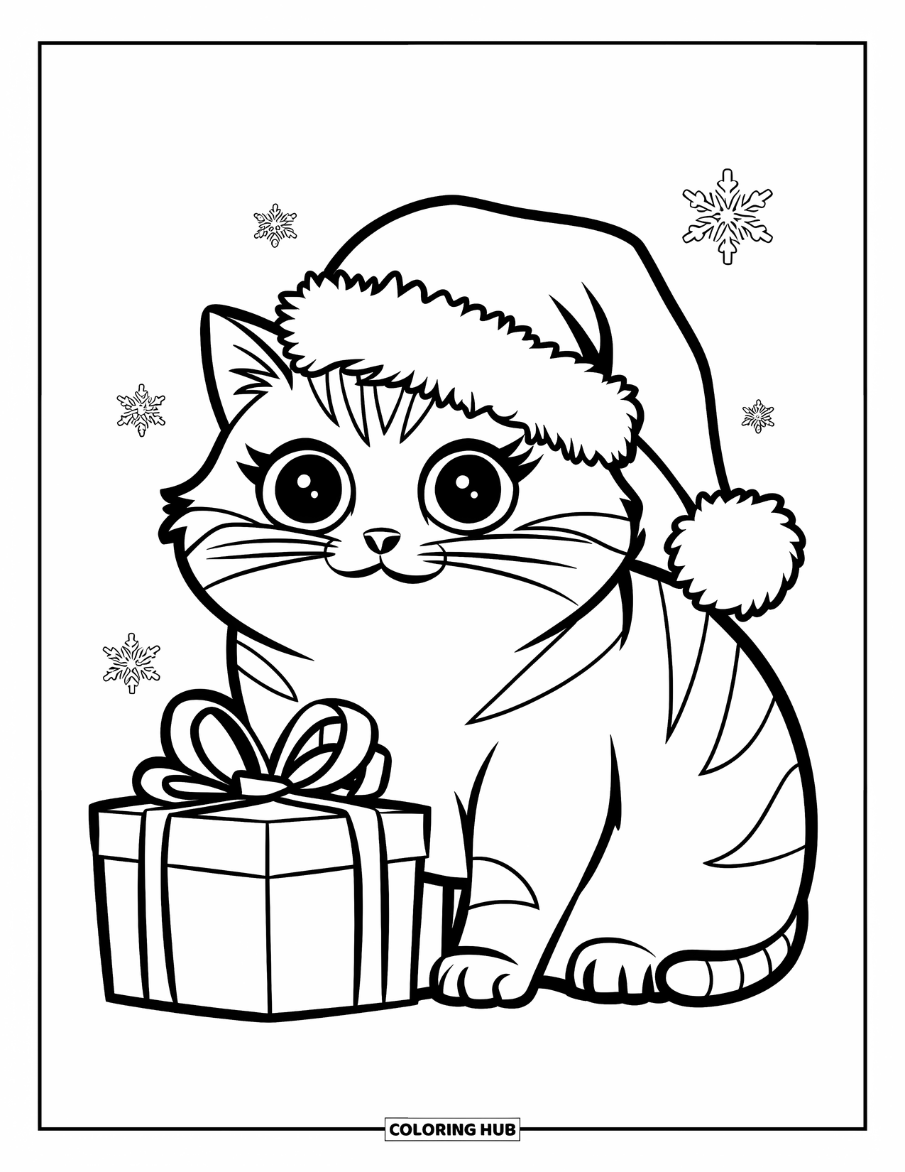 Christmas Cat Coloring Page for Kids: A round cat with big eyes sits by a present with snowflakes floating nearby