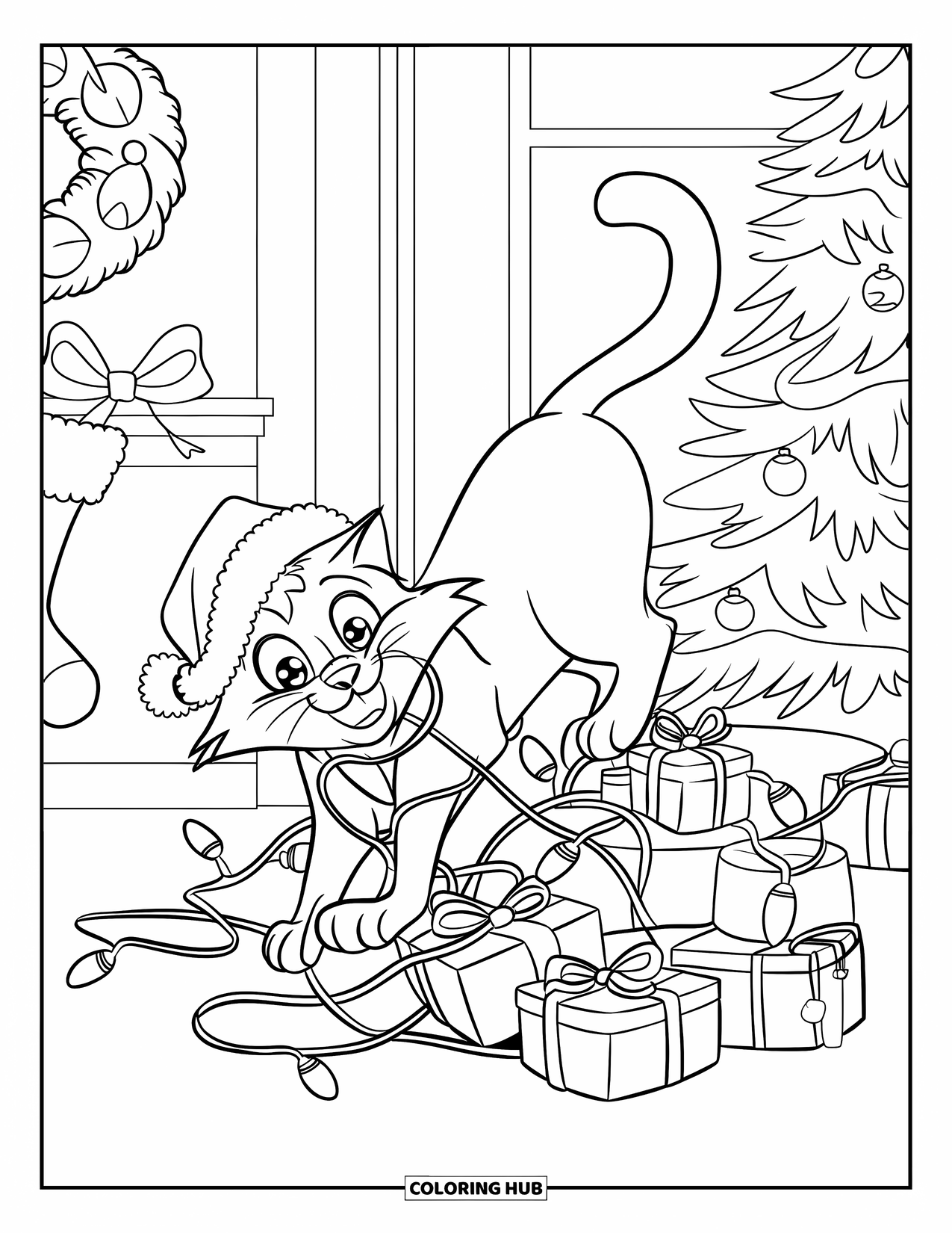 Christmas Cat Coloring Page for Kids: A Santa-hat cat grins while tangled in lights near a stack of gifts