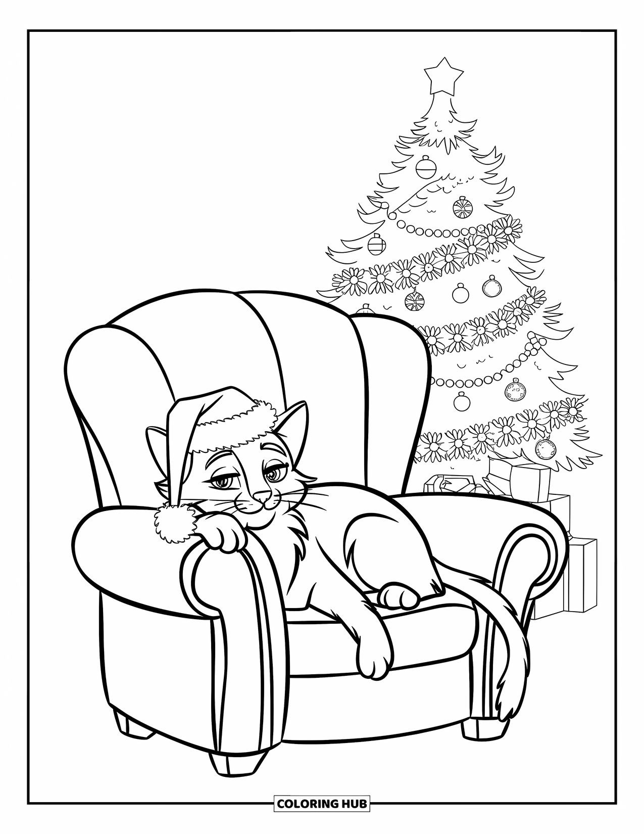 Christmas Cat Coloring Page for Kids: A Santa-hat cat relaxes in a chair with a bright Christmas tree behind it