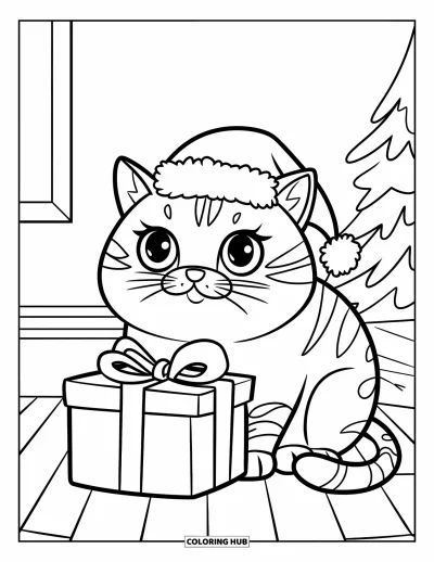 Weihnachts-Katzen-Ausmalbild für Kinder: Eine Katze mit Weihnachtsmütze ruht neben einer Geschenkbox auf einem Holzboden mit einem kleinen Baum