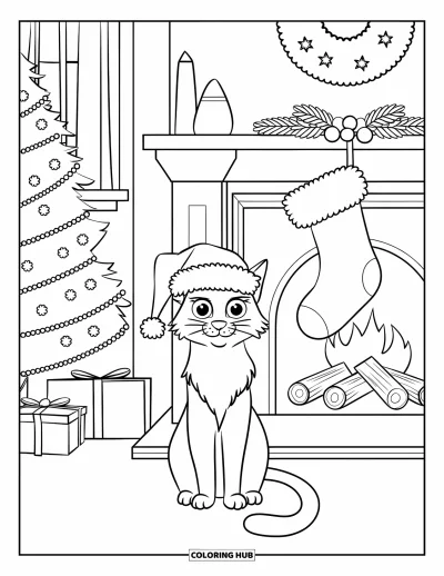 Weihnachts-Katzen-Ausmalbild für Kinder: Eine Katze mit Weihnachtsmütze sitzt neben einem Kamin mit glühenden Holzscheiten und festlicher Dekoration