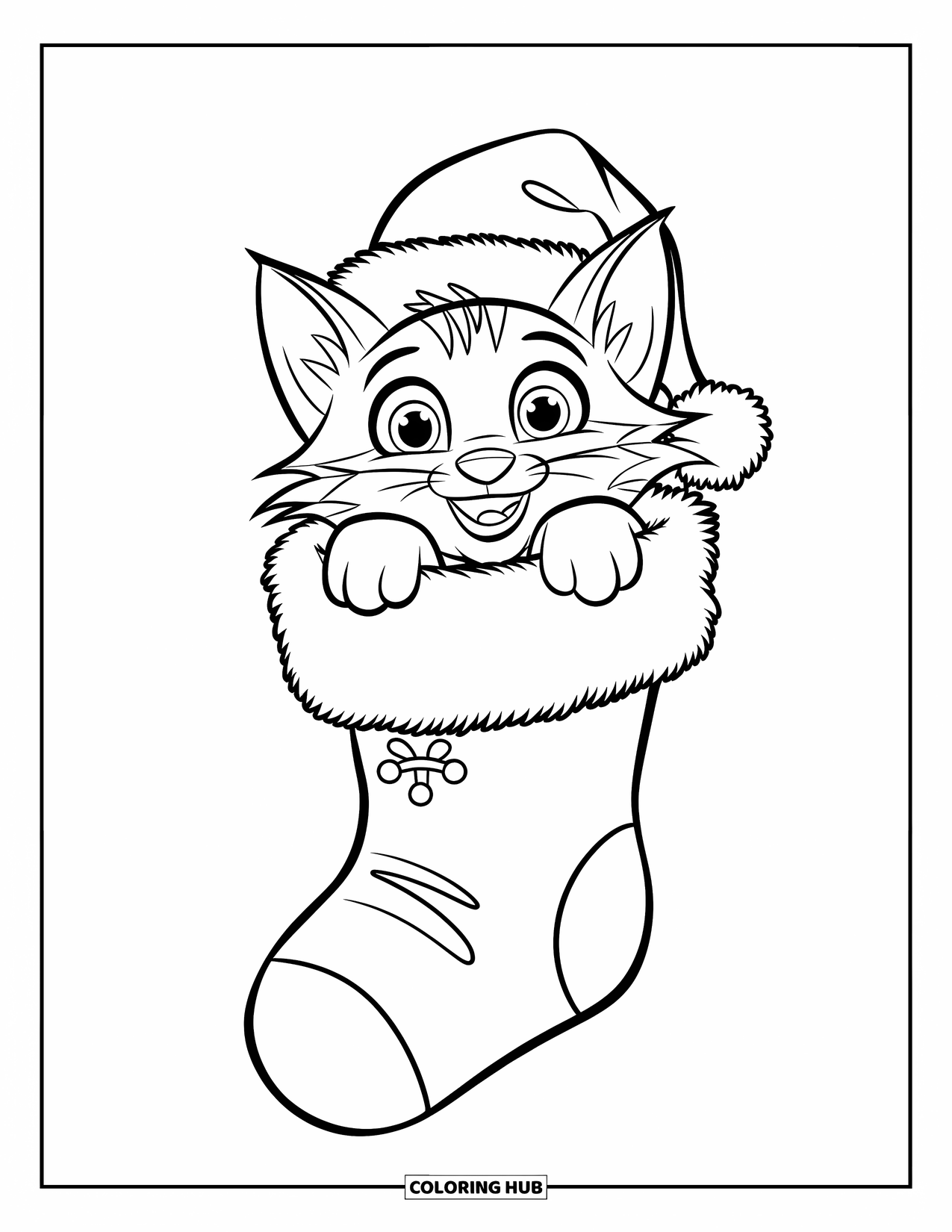 Christmas Cat Coloring Page for Kids: A Santa-hat cat with bright eyes peeks from a stocking on a white background
