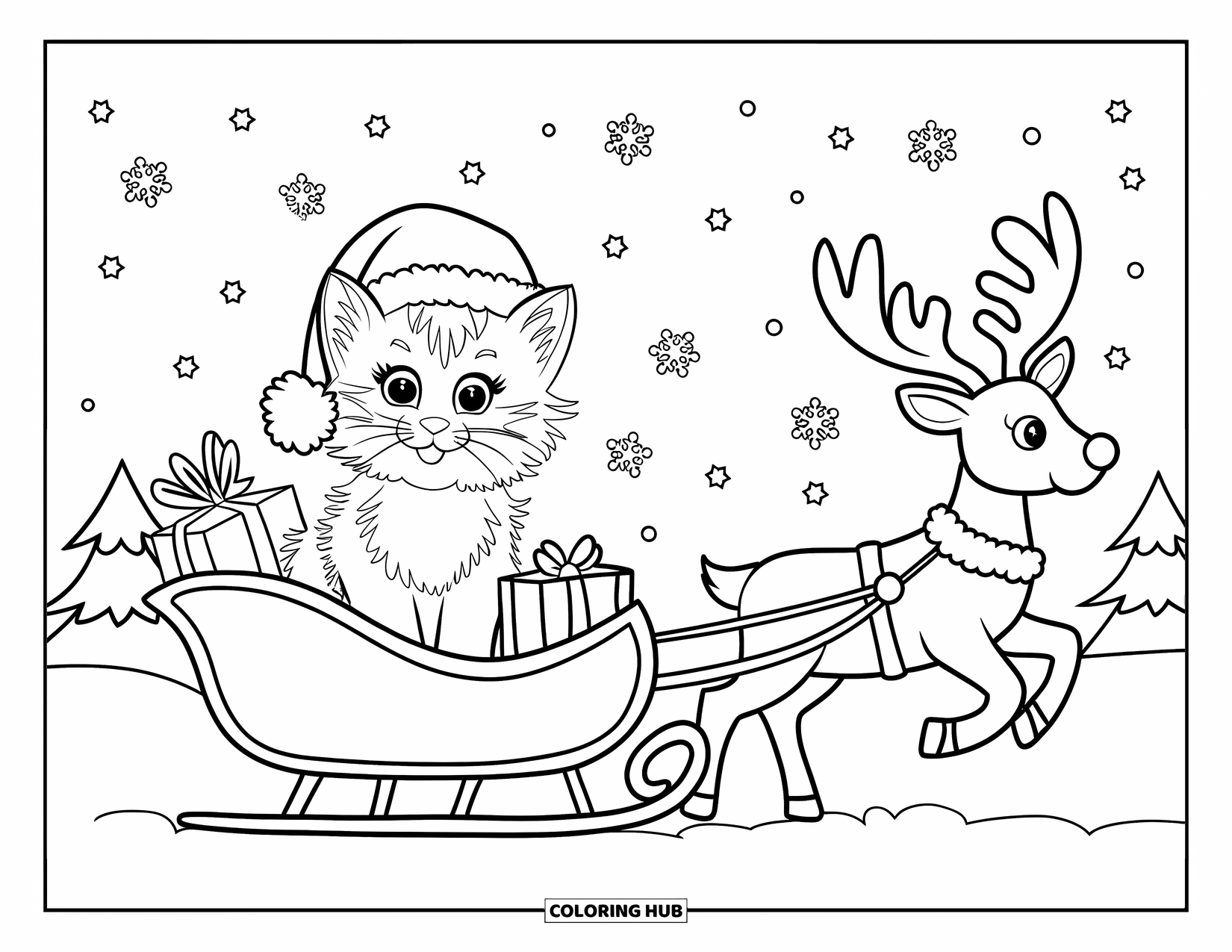 Christmas Cat Coloring Page for Kids: A Santa-hat kitten sits in a sleigh with presents, snow falling around