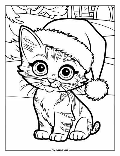 Weihnachts-Katzen-Ausmalbild für Kinder: Ein Kätzchen mit Weihnachtsmütze sitzt im Schnee, im Hintergrund Bäume und ein Haus