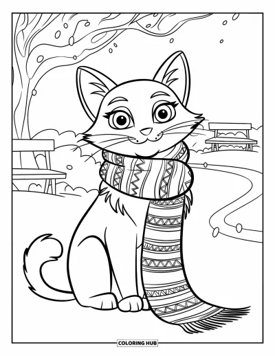 Weihnachts-Katzen-Ausmalbild für Kinder: Eine in einen Schal gehüllte Katze sitzt im Schnee neben einem Weg und verschneiten Bäumen