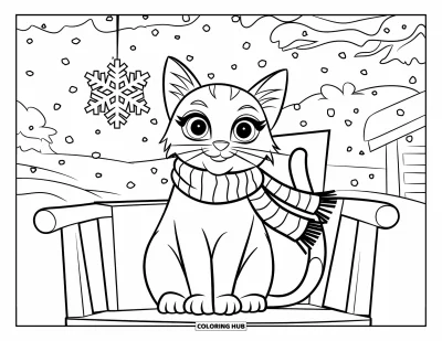 Weihnachts-Katzen-Ausmalbild für Kinder: Eine Katze mit Schal sitzt unter fallenden Schneeflocken mit Bäumen und einem Haus im Hintergrund