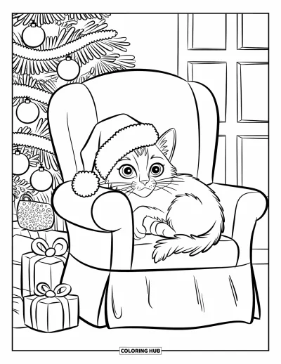 Weihnachts-Katzen-Ausmalbild für Kinder: Eine schlafende Katze rollt sich auf einem Sessel neben Geschenken und einem strahlenden Baum zusammen