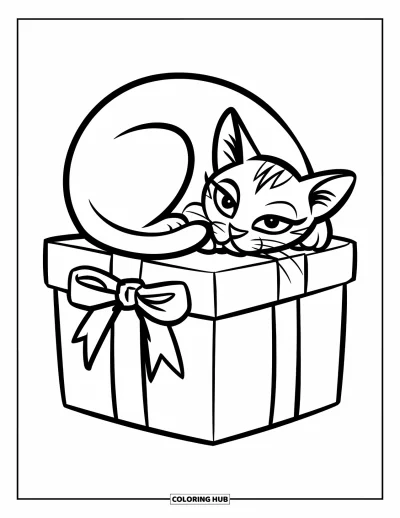 Weihnachts-Katzen-Ausmalbild für Kinder: Eine schlafende Katze liegt auf einer Geschenkbox mit Schleife
