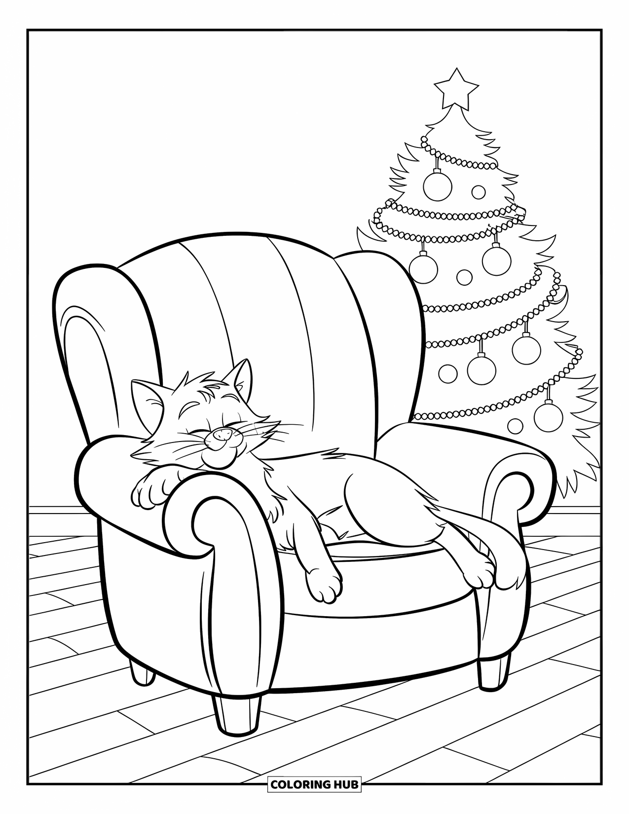 Christmas Cat Coloring Page for Kids: A sleepy cat rests in a cozy chair with a tree full of ornaments behind