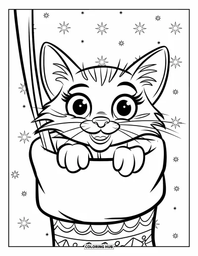 Weihnachts-Katzen-Ausmalbild für Kinder: Eine lächelnde Katze lugt aus einem Strumpf, der an einer sterngemusterten Wand hängt