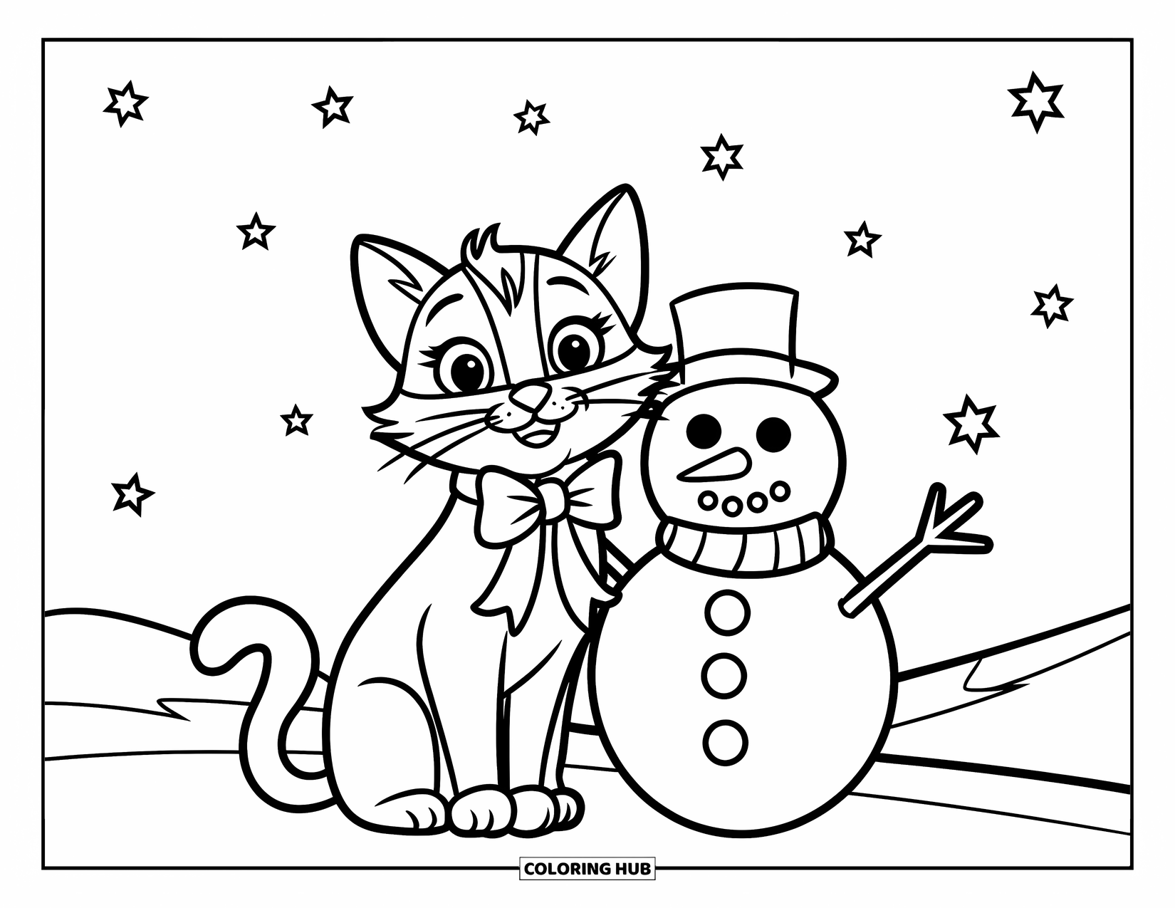 Christmas Cat Coloring Page for Kids: A snowman and bow-tied cat sit under stars in a snowy field