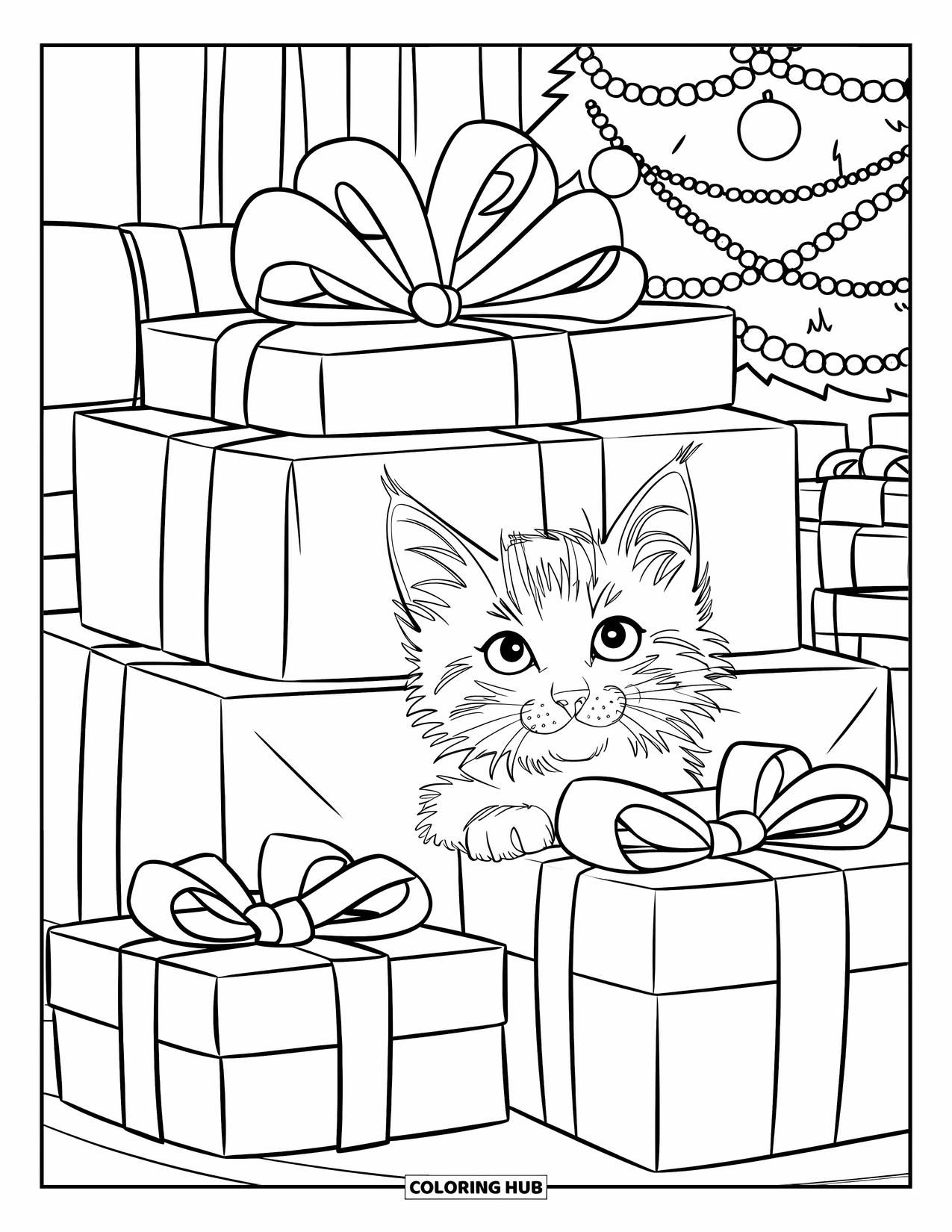 Christmas Cat Coloring Page for Kids: A striped kitten peeks from behind wrapped gifts near a glowing Christmas tree