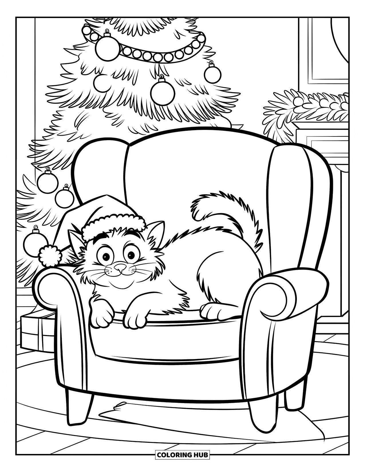 Christmas Cat Coloring Page for Kids: A surprised cat lounges on a plush chair in front of a glowing Christmas tree