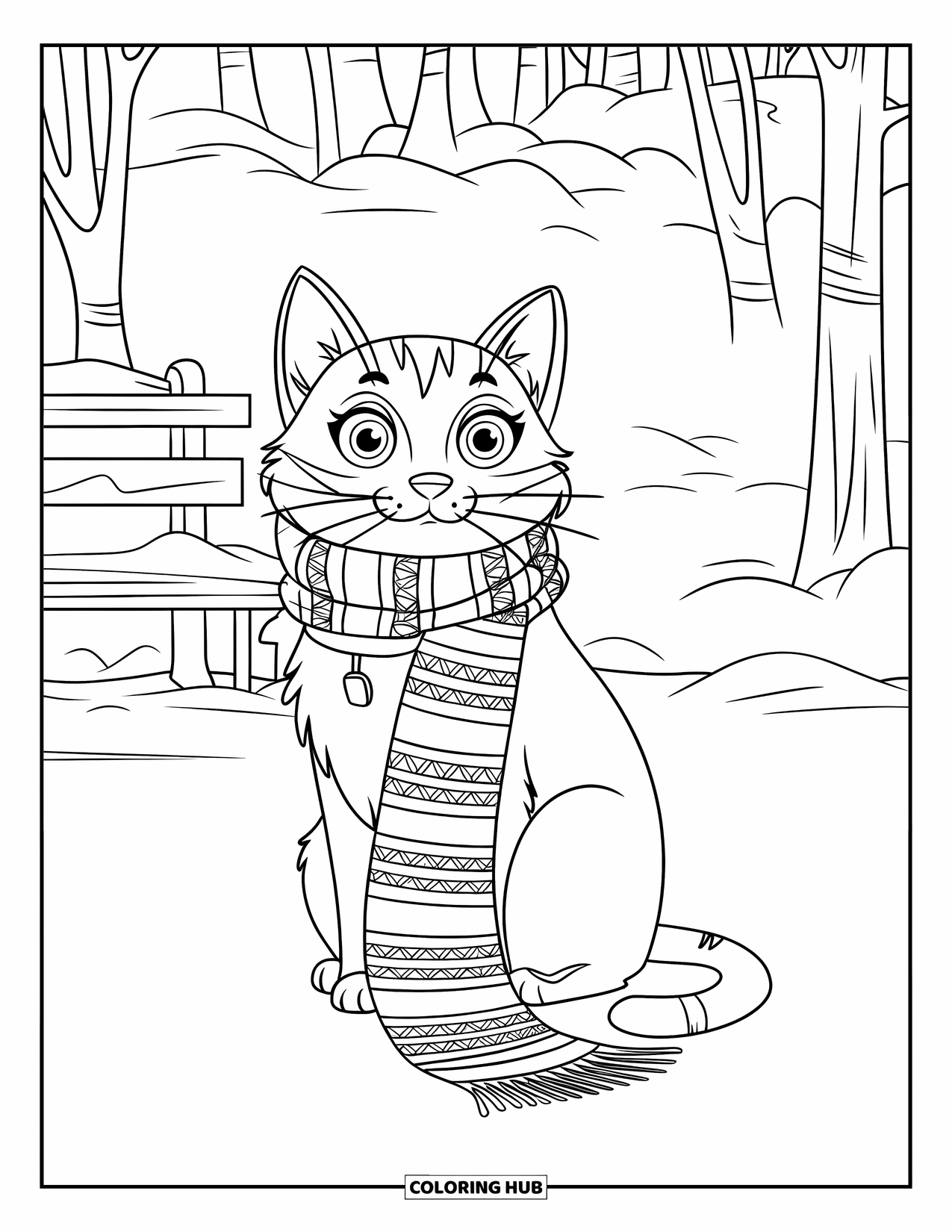 Christmas Cat Coloring Page for Kids: A wide-eyed cat in a long scarf sits in snow near a park bench