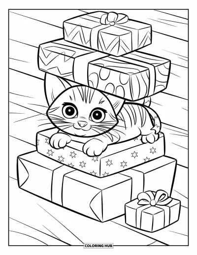 Weihnachts-Katzen-Ausmalbild für Kinder: Ein Kätzchen mit großen Augen versteckt sich hinter gemusterten Geschenken auf einem Holzboden