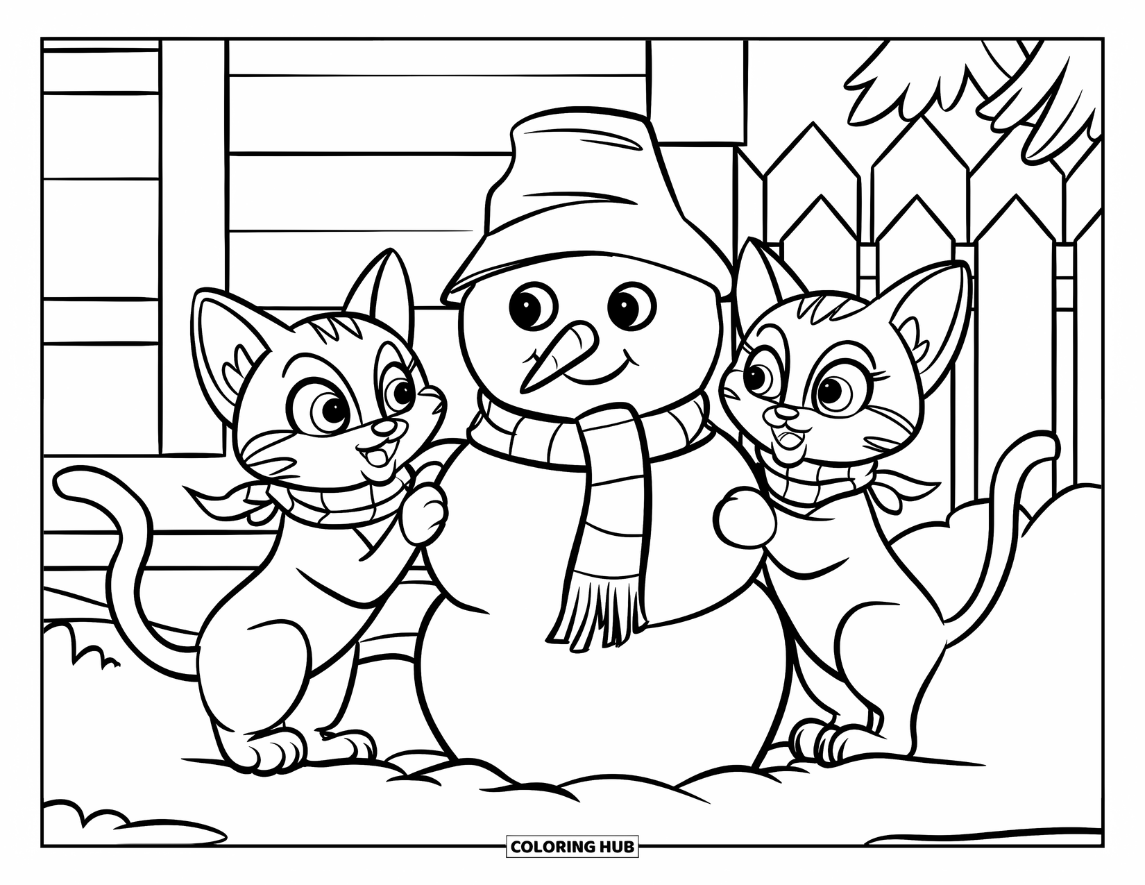 Christmas Cat Coloring Page for Kids: Expressive cats build a carrot-nosed snowman beside a cabin and snowy fence