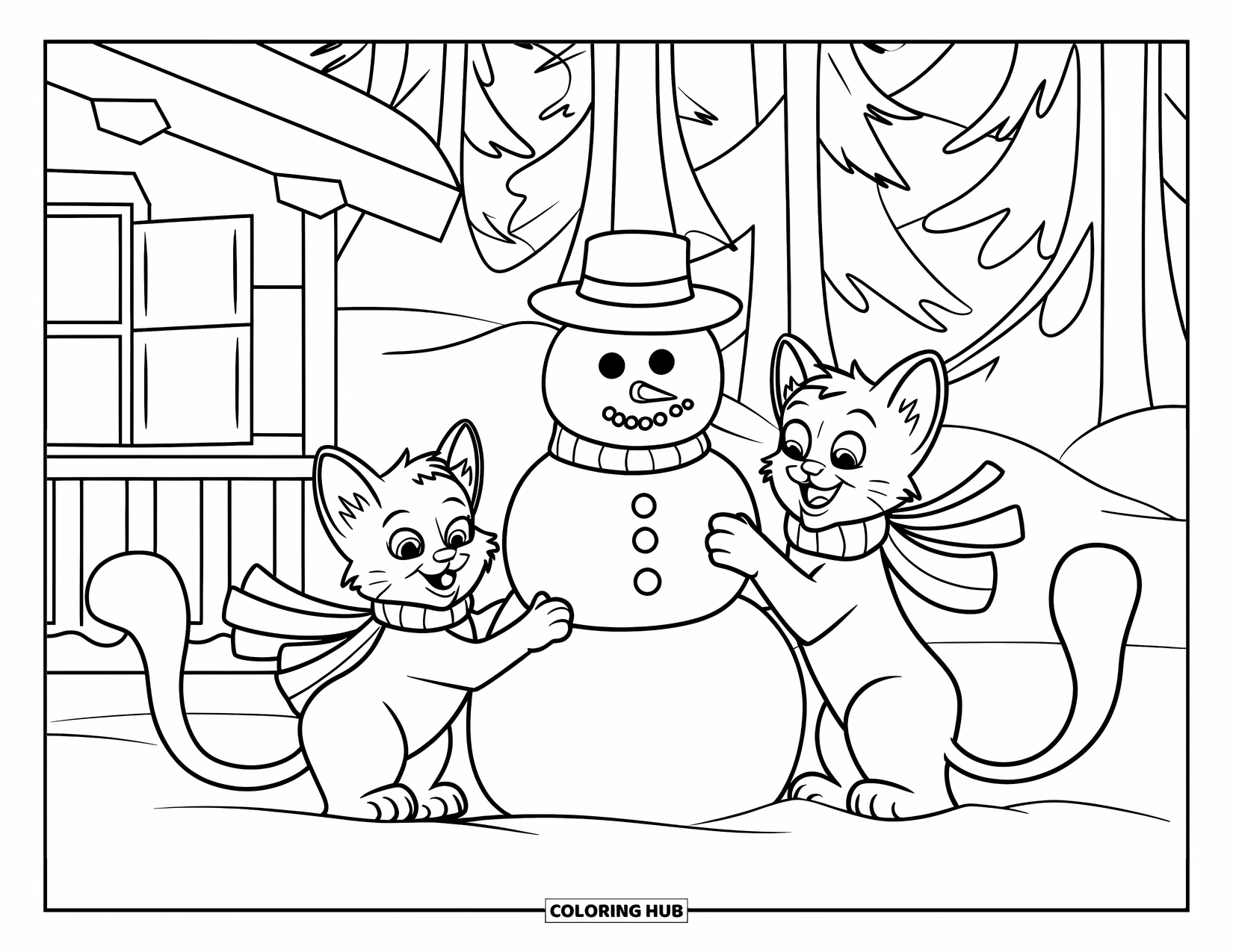 Christmas Cat Coloring Page for Kids: Two cats make a snowman by a snowy cabin surrounded by tall trees