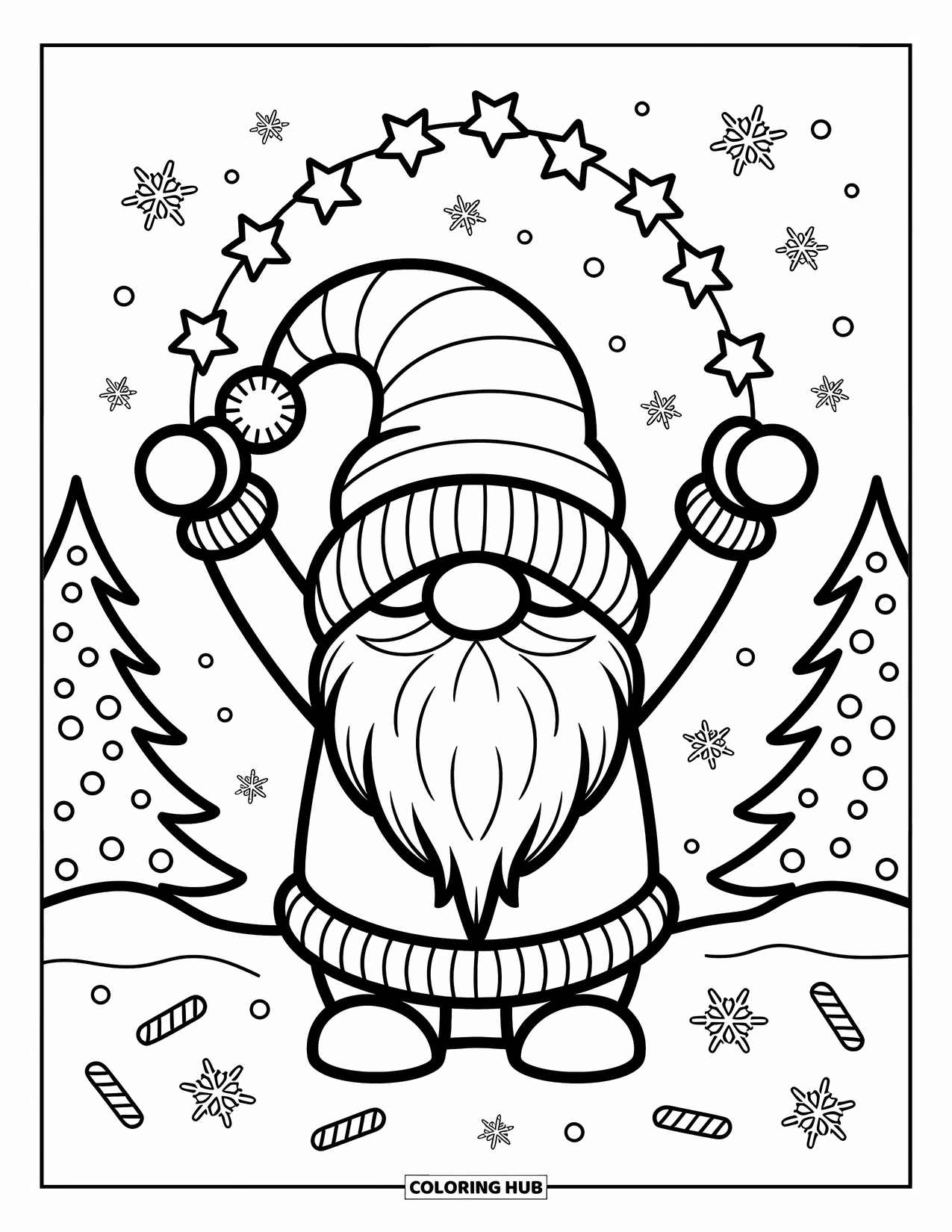 Christmas Gnome Coloring Page for Adults: Cheerful gnome decorates with star garlands among pine trees and peppermint sticks