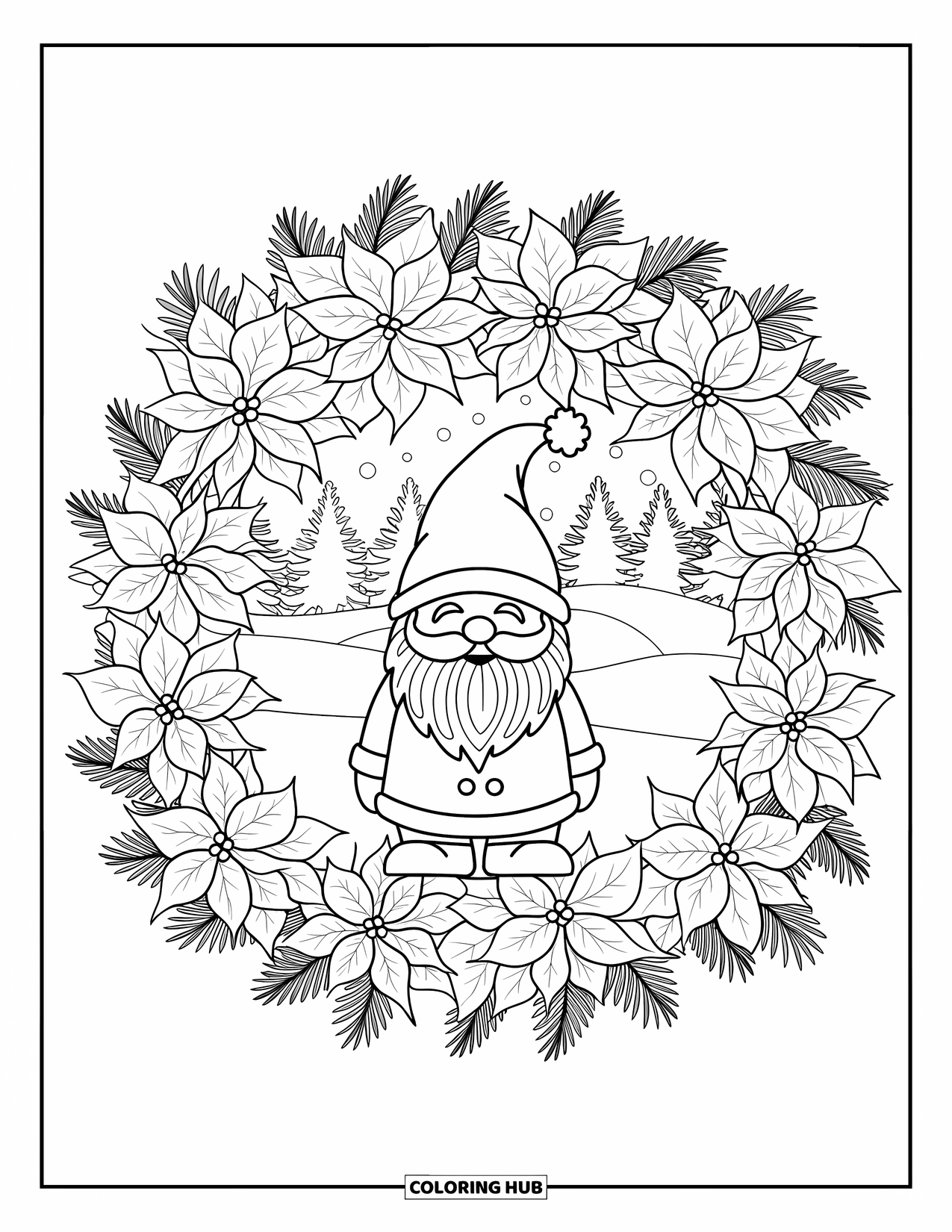 Christmas Gnome Coloring Page for Adults: Christmas gnome stands calmly inside a ring of poinsettias and fir branches