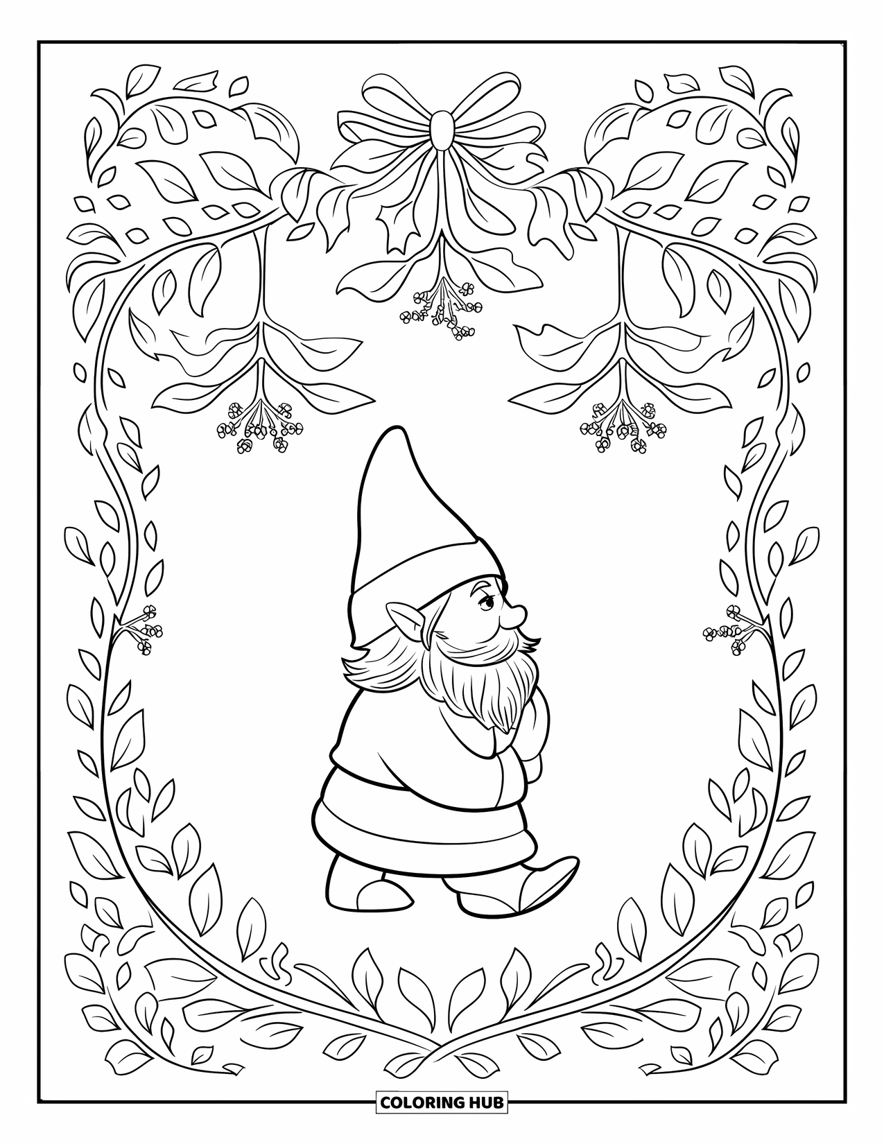 Christmas Gnome Coloring Page for Adults: Contemplative gnome walks beneath mistletoe arches wrapped in curling botanical vines