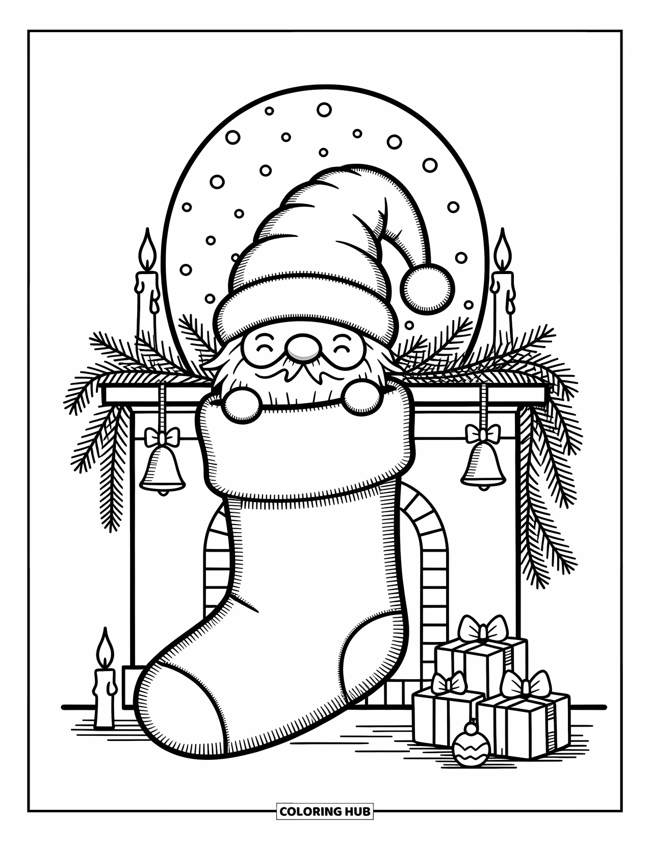 Christmas Gnome Coloring Page for Adults: Cozy gnome peeks from a stocking by a fireplace with gifts and soft snow