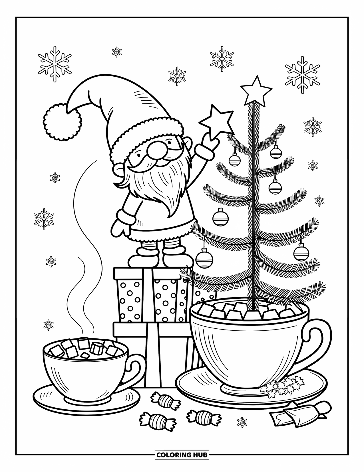 Christmas Gnome Coloring Page for Adults: Gnome balances on gifts to decorate a tiny tree inside a cozy teacup