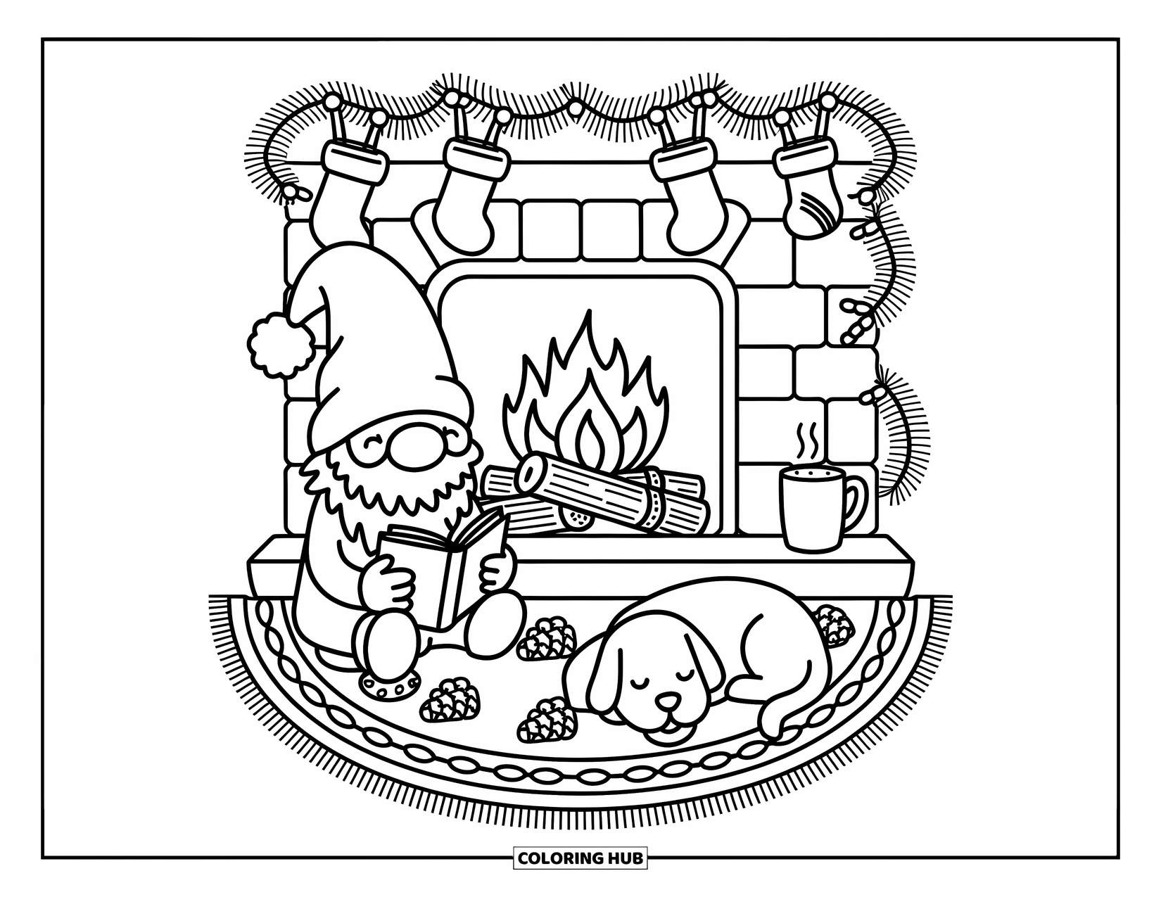 Christmas Gnome Coloring Page for Adults: Gnome cozies up with a book, cocoa, and a puppy by the fireplace