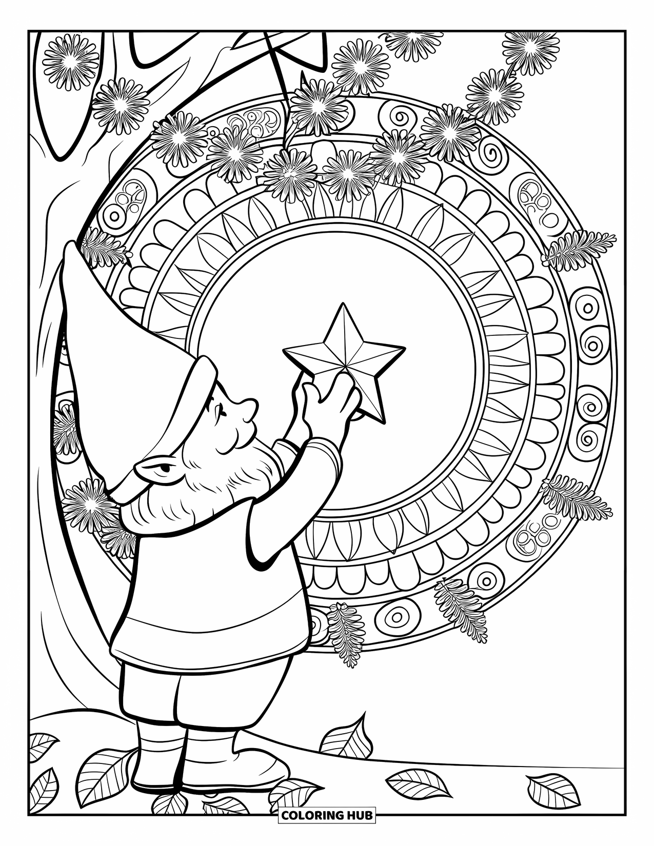 Christmas Gnome Coloring Page for Adults: Gnome decorates a tree with a star in a leafy, mandala-filled scene