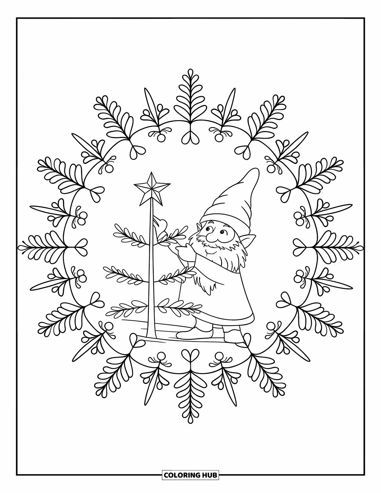 Christmas Gnome Coloring Page for Adults: Gnome hangs a star as floral garlands swirl in a mandala pattern