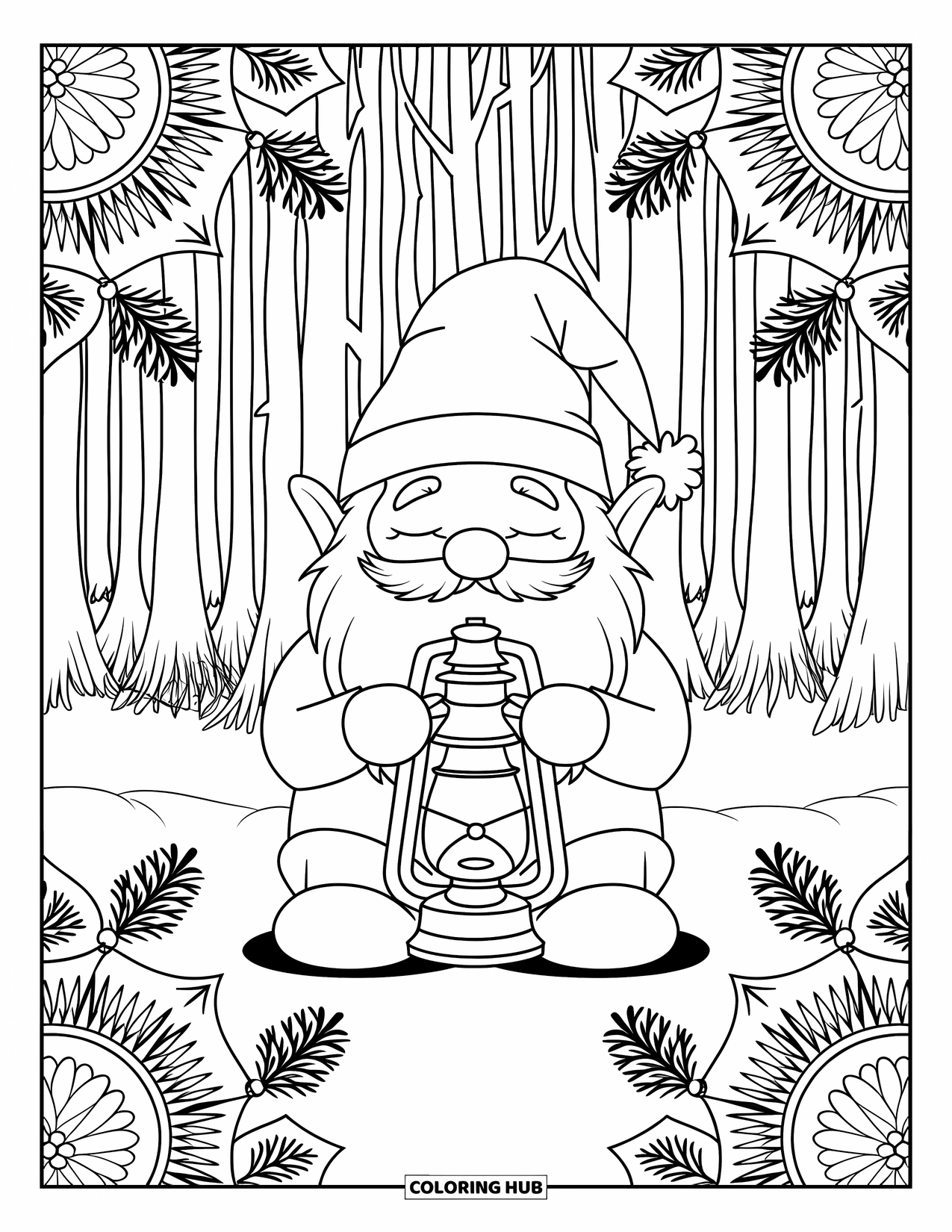 Christmas Gnome Coloring Page for Adults: Gnome holding a lantern is surrounded by pine and holly patterns in the woods