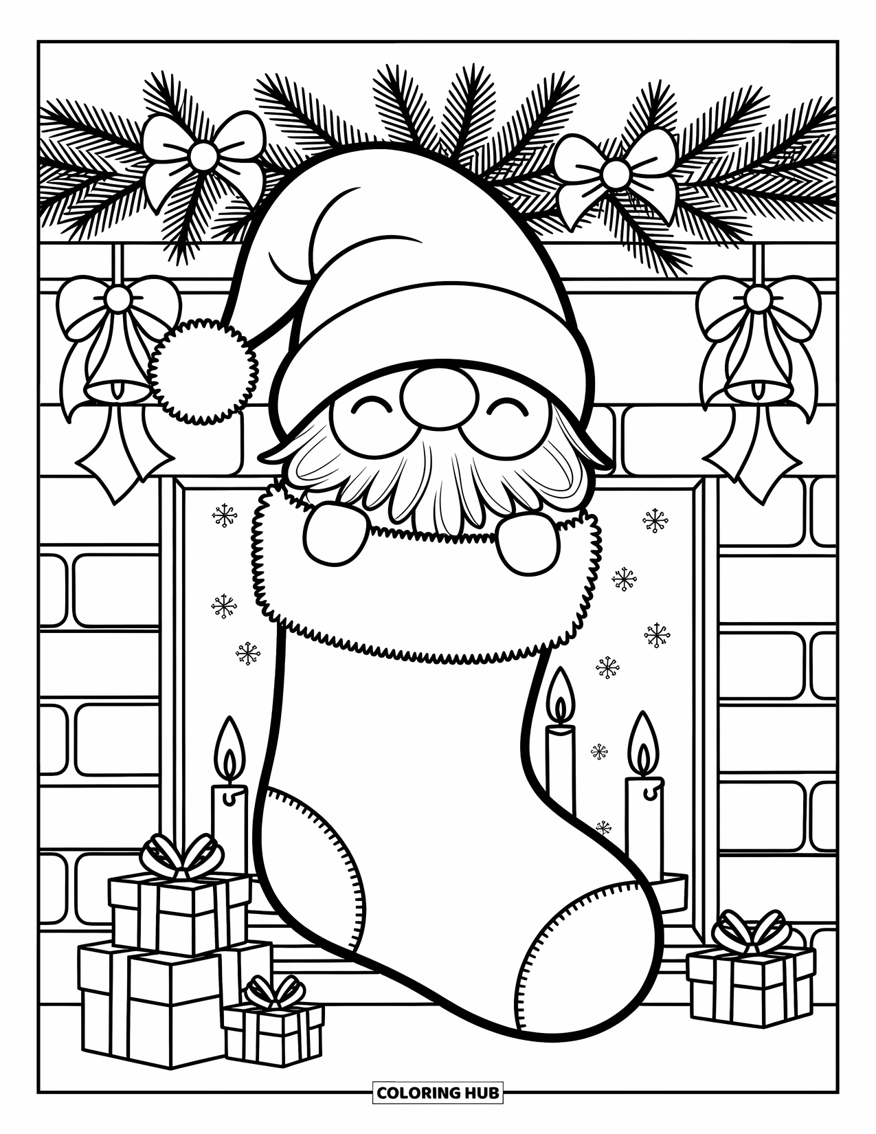 Christmas Gnome Coloring Page for Adults: Gnome peeks out of a stocking while snow falls beyond the candle-lit window