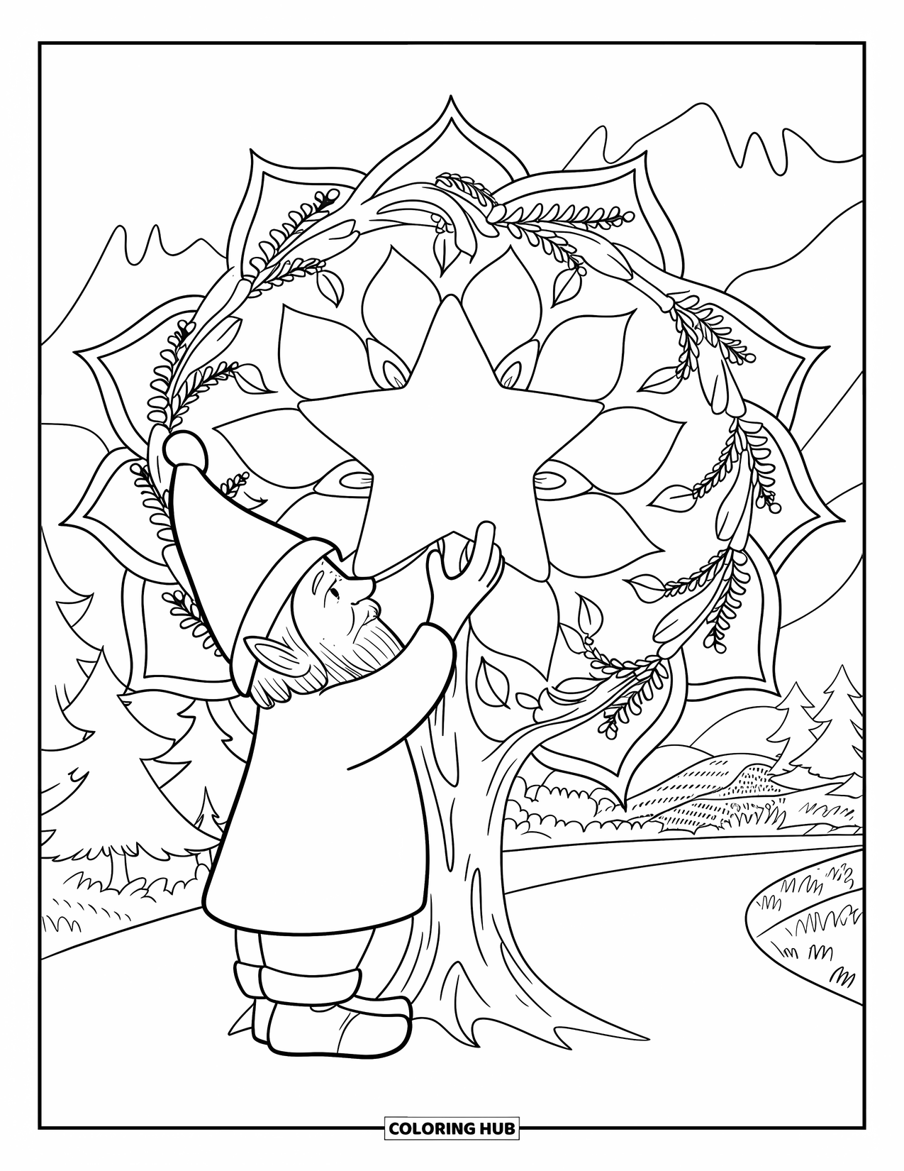 Christmas Gnome Coloring Page for Adults: Gnome places a star on a tree with leaves and mountains behind