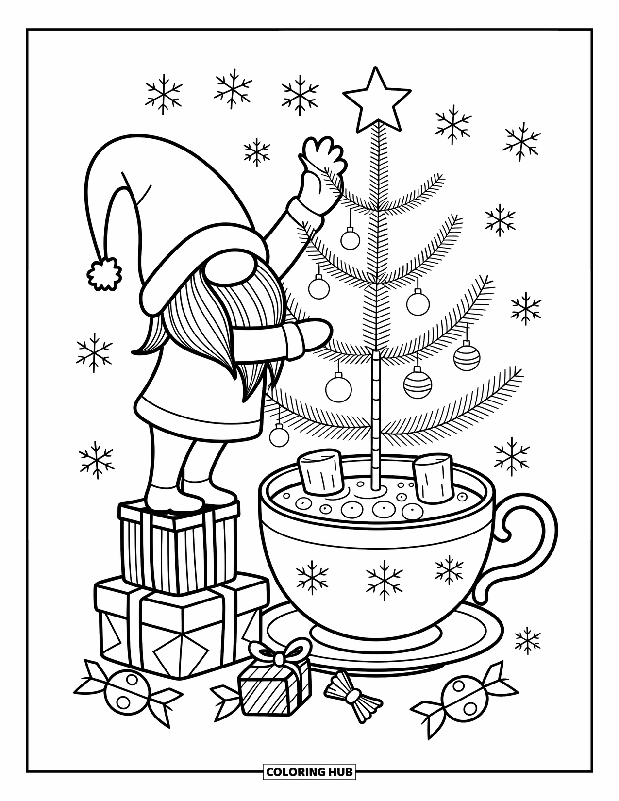 Christmas Gnome Coloring Page for Adults: Gnome reaches to top a teacup tree as cocoa and snowflakes fill the scene