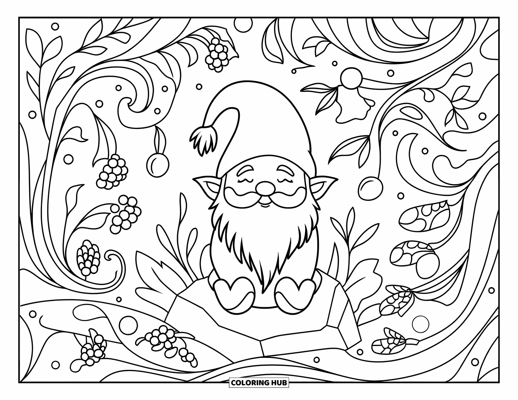 Christmas Gnome Coloring Page for Adults: Gnome sits on a rock among swirly vines, berries, and intricate designs