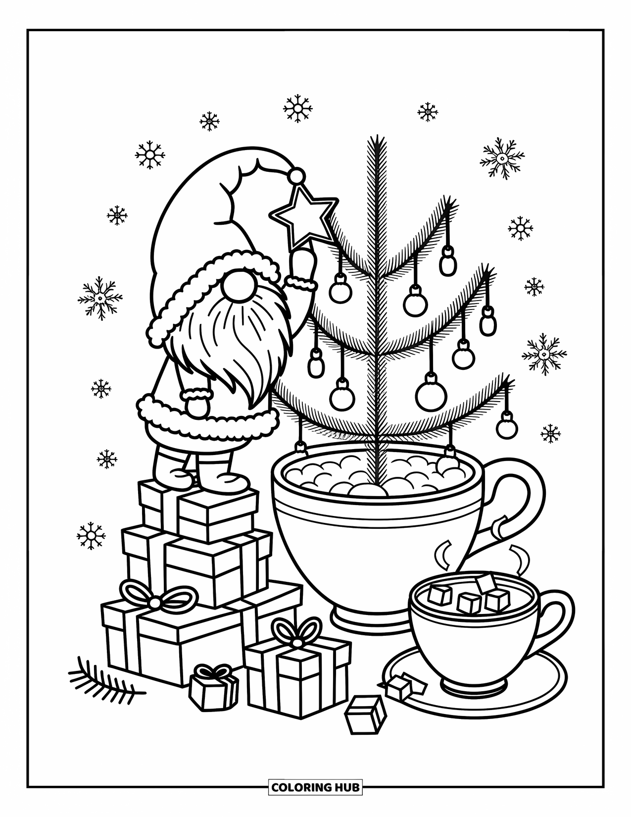 Christmas Gnome Coloring Page for Adults: Gnome stands on presents to hang a star on a teacup Christmas tree