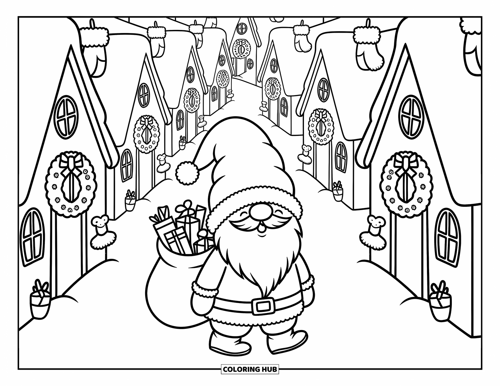 Christmas Gnome Coloring Page for Adults: Gnome strolls through snowy cottages with a gift-filled sack and peeking animals